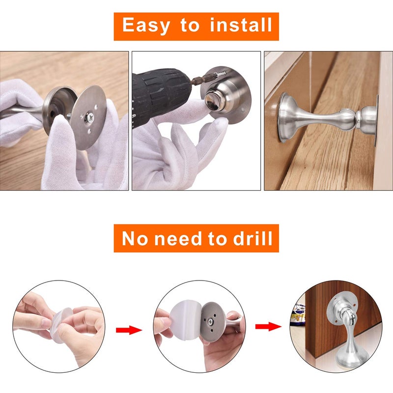 A'SHOP Magnetic Door Stop 4 Pack Brushed Nickel No Drilling Needed 3M Adhesive or Screw Mount Soft-Catch Magnetic Door Holder for Home & Office - Image 5